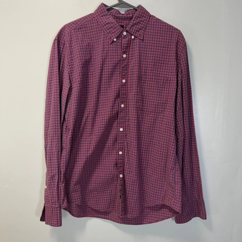 J Crew Mens Large Gingham Button Down Shirt Red Blue Plaid Long Sleeve Cotton